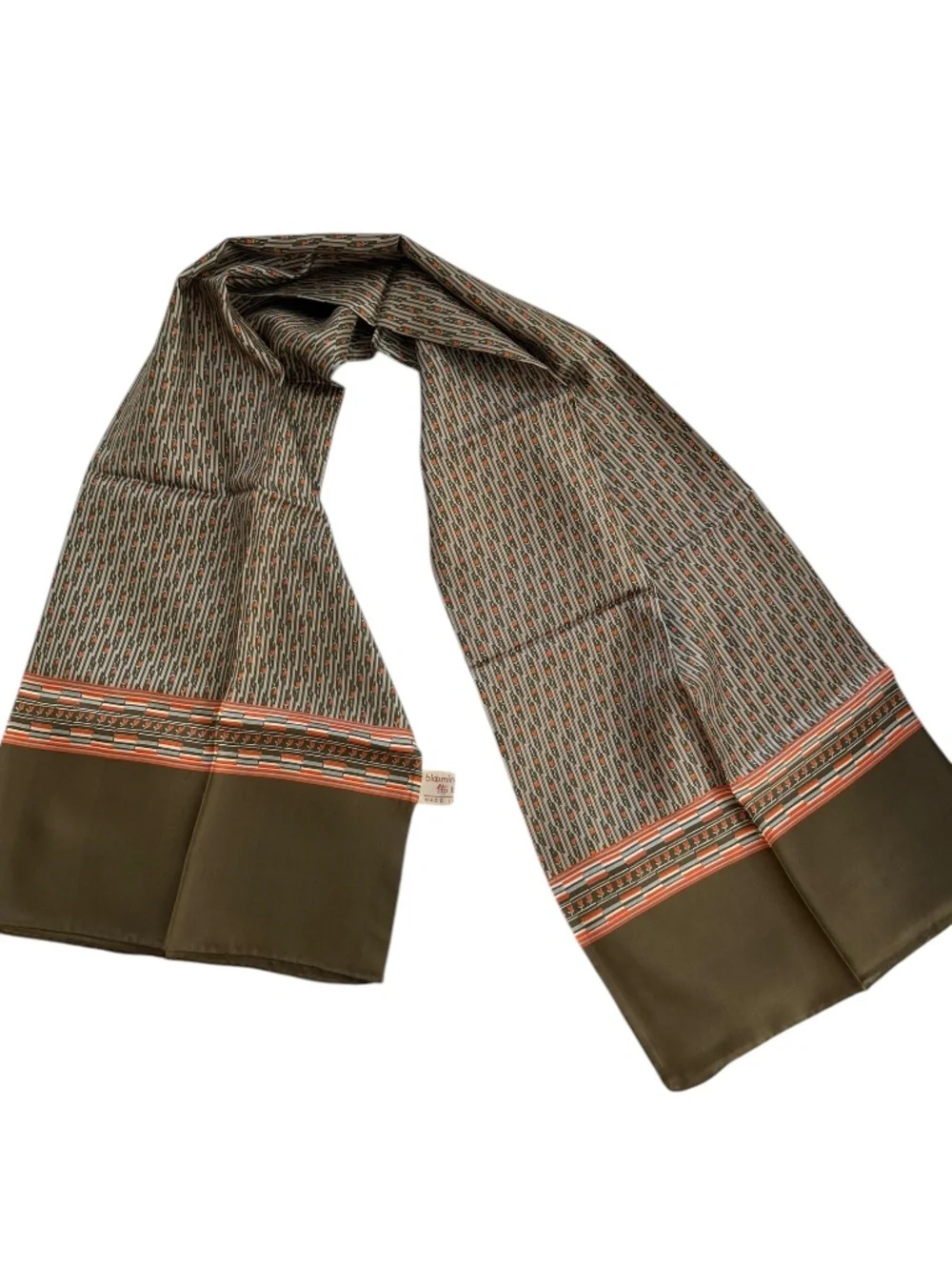 Bloomingdales silk olive green orange heart blossom graphic MCM scarf
